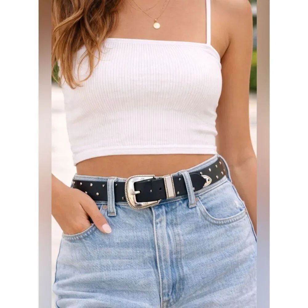 H&M Divided Black Faux Leather Studded Rhinestone Belt Western NWT Y2K